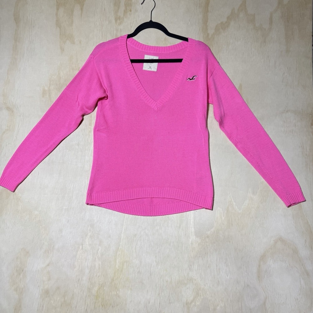 Hollister Pink V Neck Sweater Women's XS Long Sleeve Knit Preppy Y2K Casual